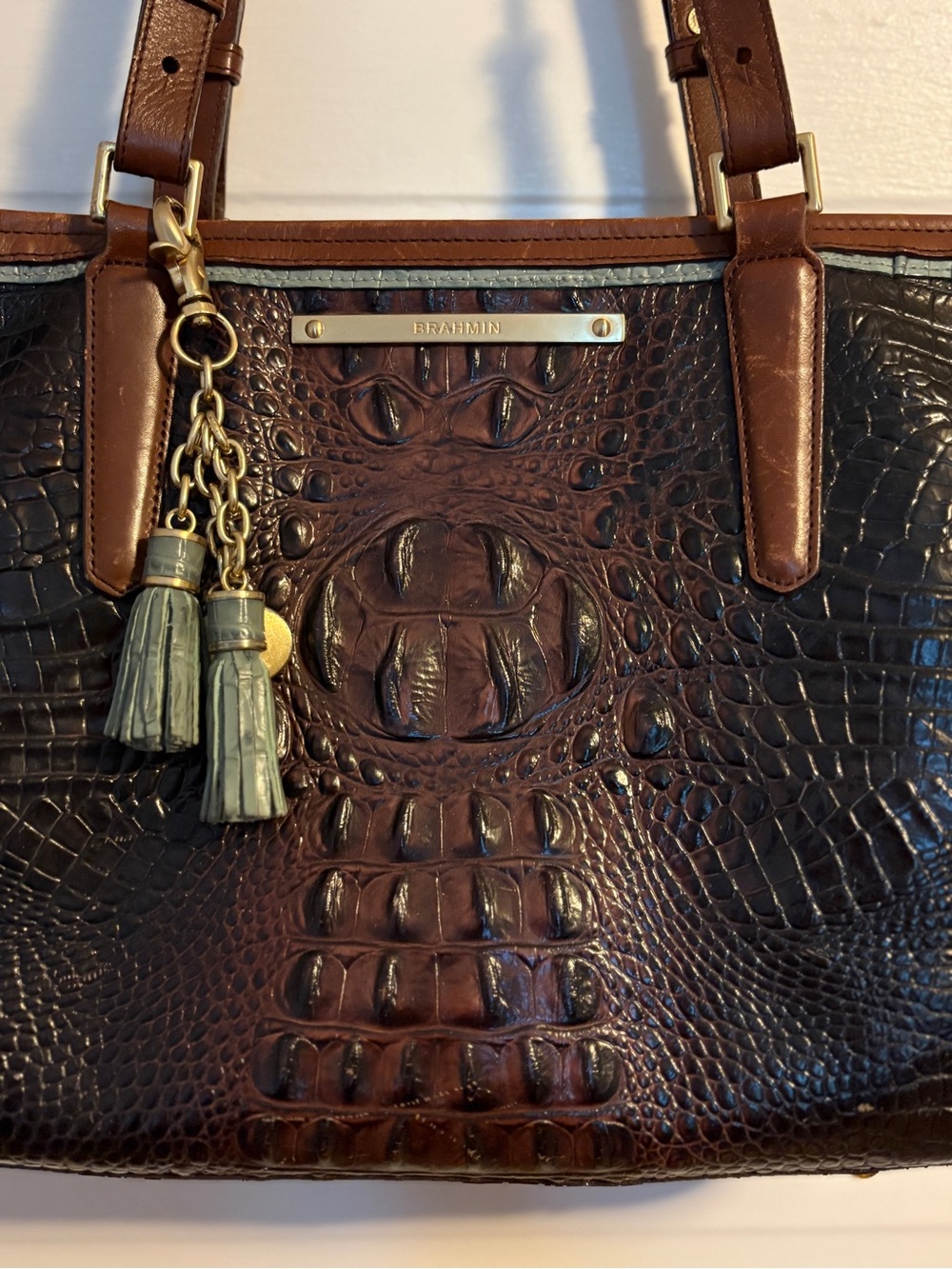 Brahmin Dark Brown Croc-Embossed Leather Tote with Tassel Charm